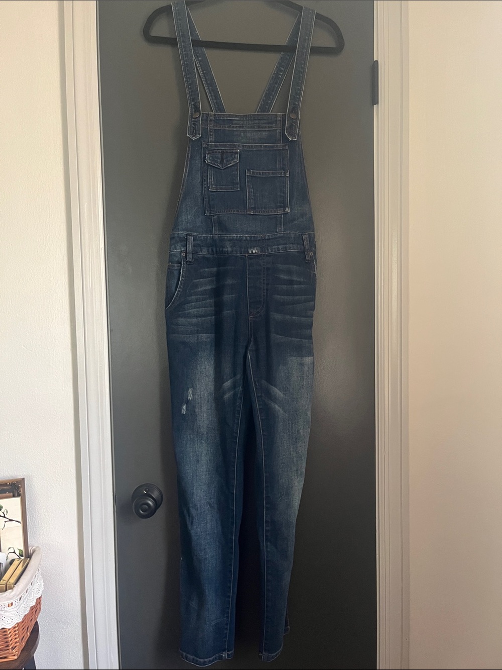 Free People Distressed Dark Wash Denim Overalls